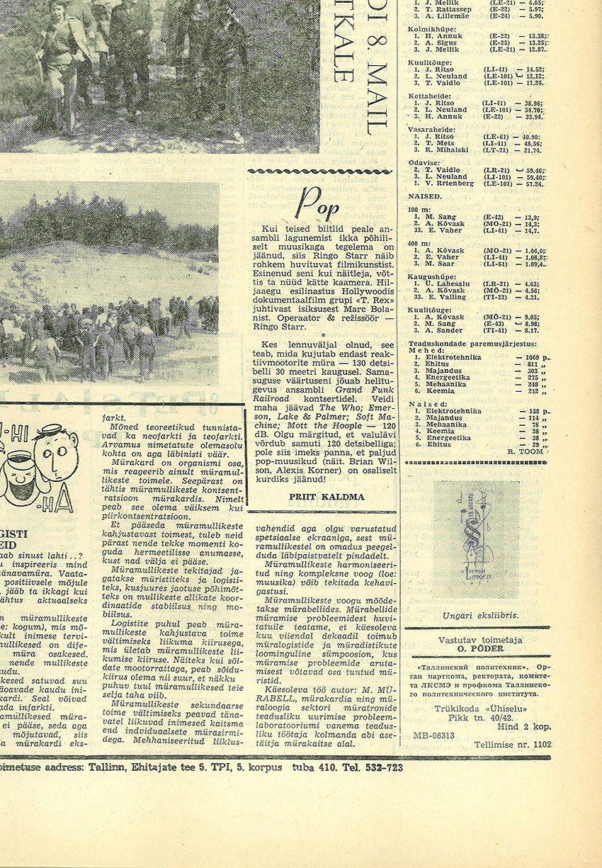 Прийт Калдма. Заметка про Ринго Старра без названия. Газета Таллинский политехник (Таллин) № 17 (711) от 25 мая 1973 года, стр. 4 (на эстонском языке) - фрагмент страницы 4 газеты с заметкой о Ринго Старре и выходными данными печатного издания
