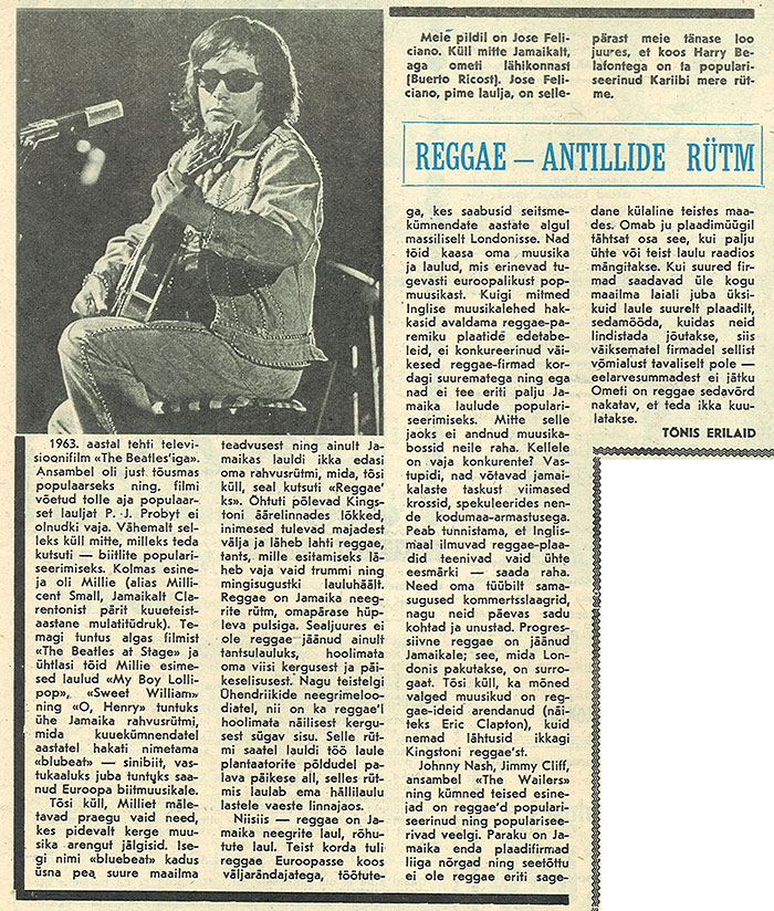 Тынис Эрилайд. Регги – ритм Антильских островов. Газета Reklaam (Таллин) № 41 от 12 ноября 1975 года, стр. 3, на эстонском языке